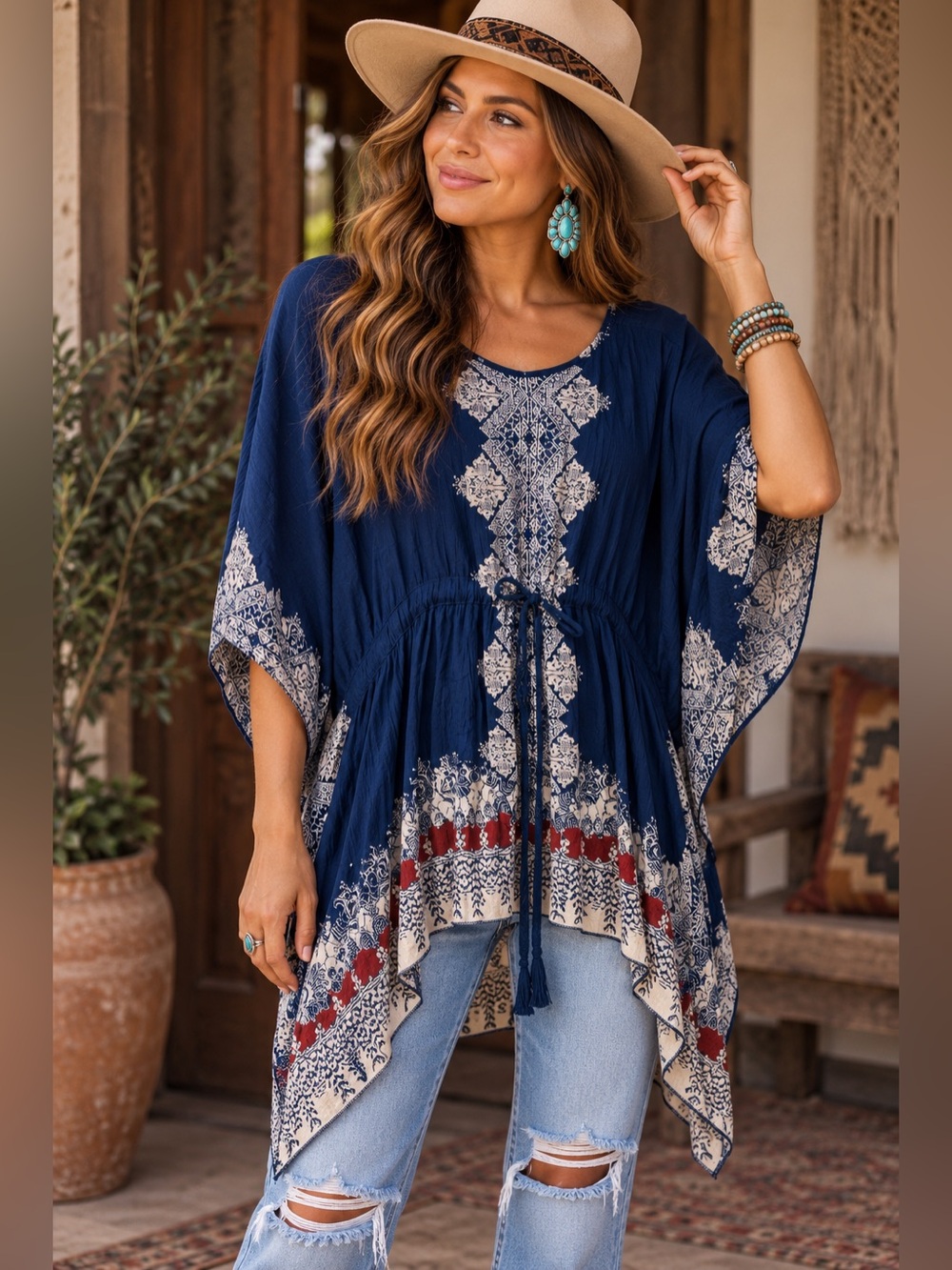 Angie Navy Boho Tunic Dress M Handkerchief Hem Paisley Print Rayon